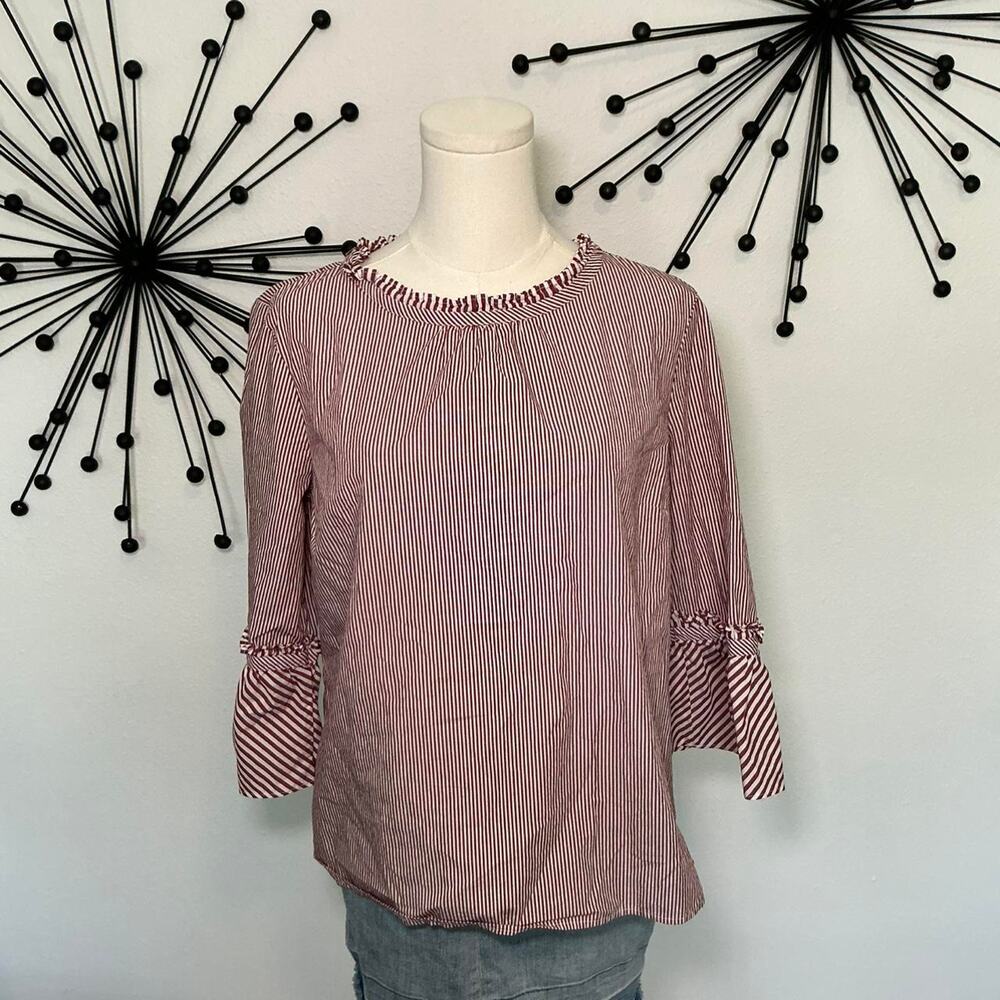 Talbots Petites red white striped ruffle blouse bell sleeve preppy top